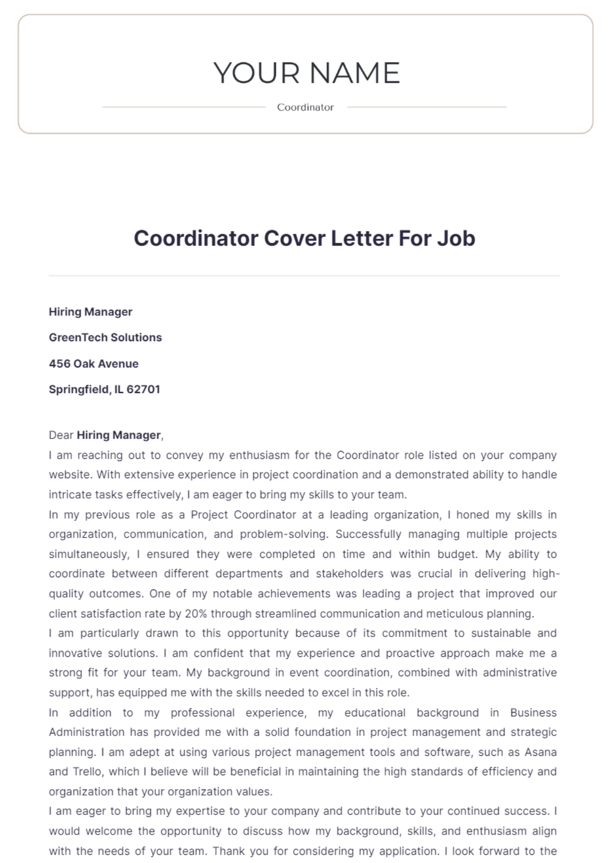 Coordinator Cover Letter For Job - Edit Online & Download