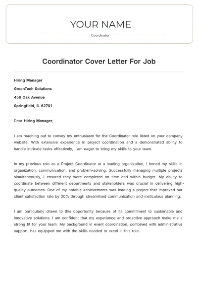 Free Coordinator Cover Letter For Job to Edit Online