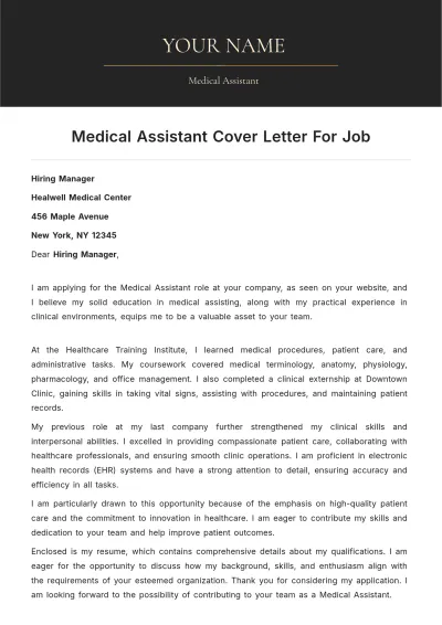 Free Medical Assistant Cover Letter For Job to Edit Online