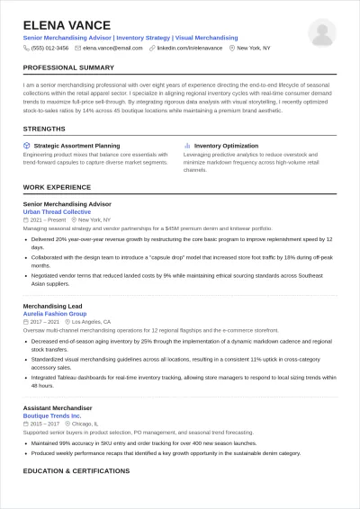 Free Merchandising Advisor ATS Resume Template, AI Resume Builder