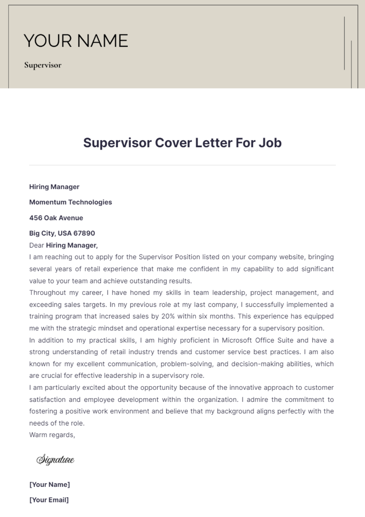 Supervisor Cover Letter For Job - Edit Online & Download