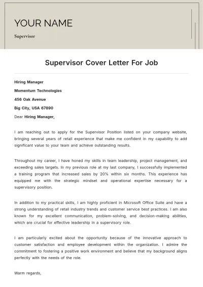 Free Supervisor Cover Letter For Job to Edit Online
