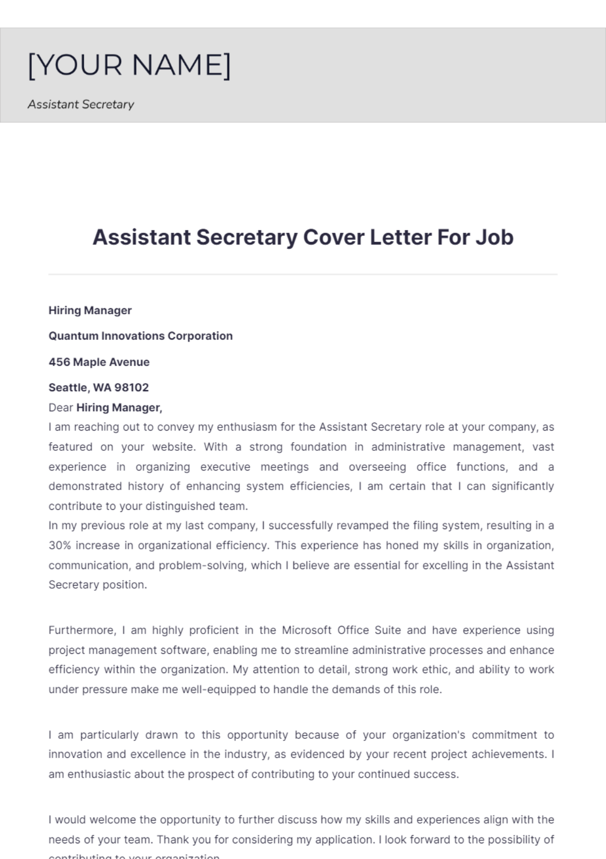 Assistant Secretary Cover Letter For Job - Edit Online & Download