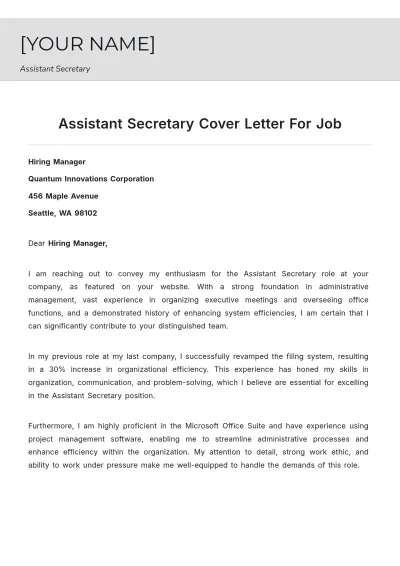 Free Assistant Secretary Cover Letter For Job to Edit Online
