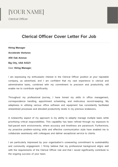 Free Clerical Officer Cover Letter For Job to Edit Online