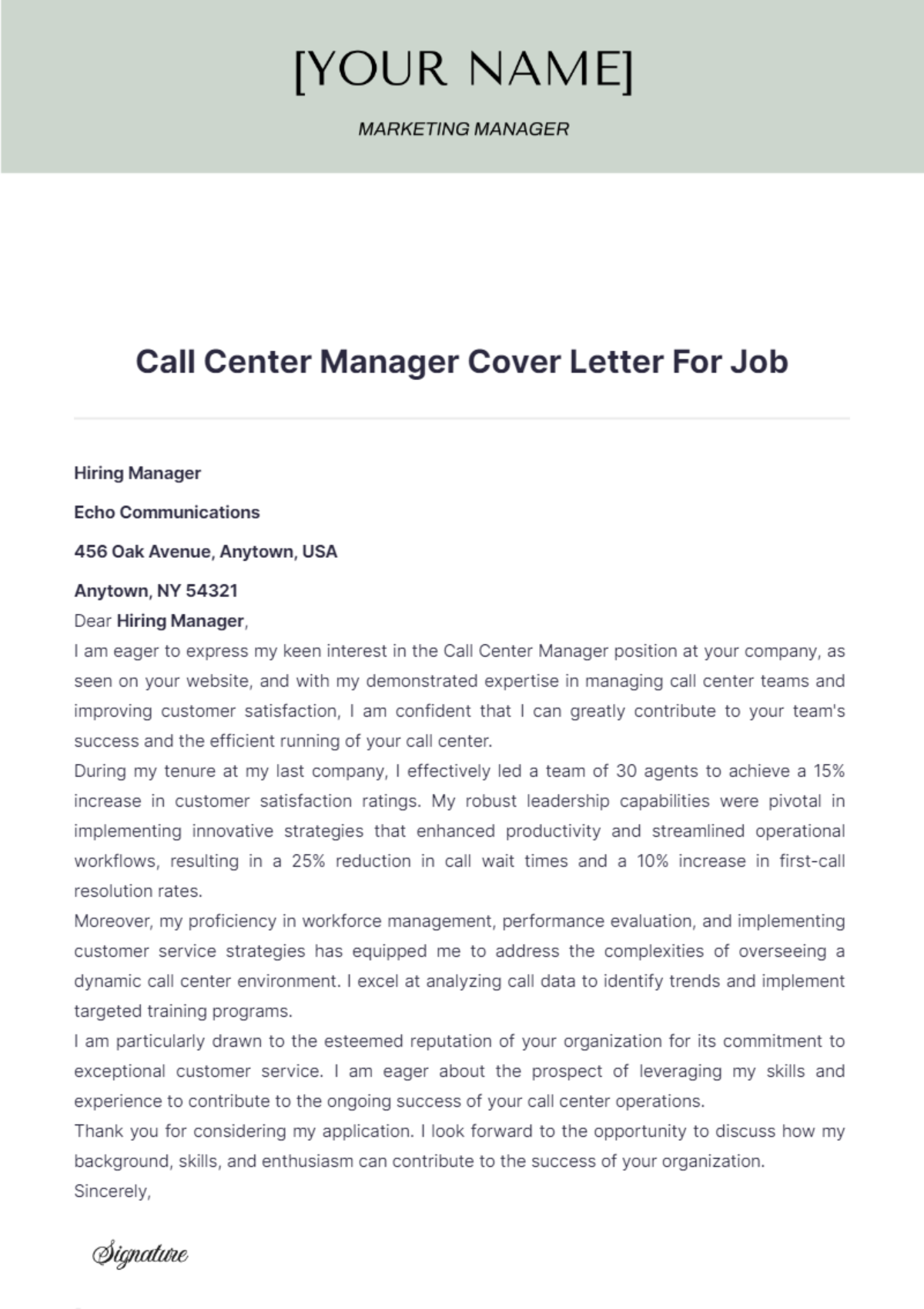 Call Center Manager Cover Letter For Job - Edit Online & Download