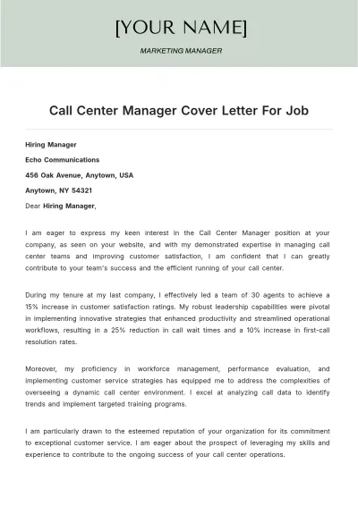 Free Call Center Manager Cover Letter For Job to Edit Online