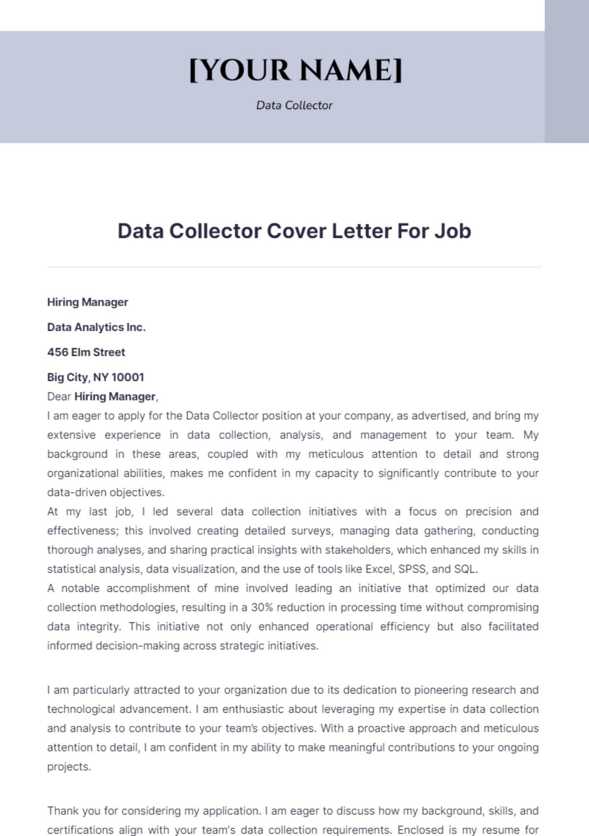 Data Collector Cover Letter For Job - Edit Online & Download