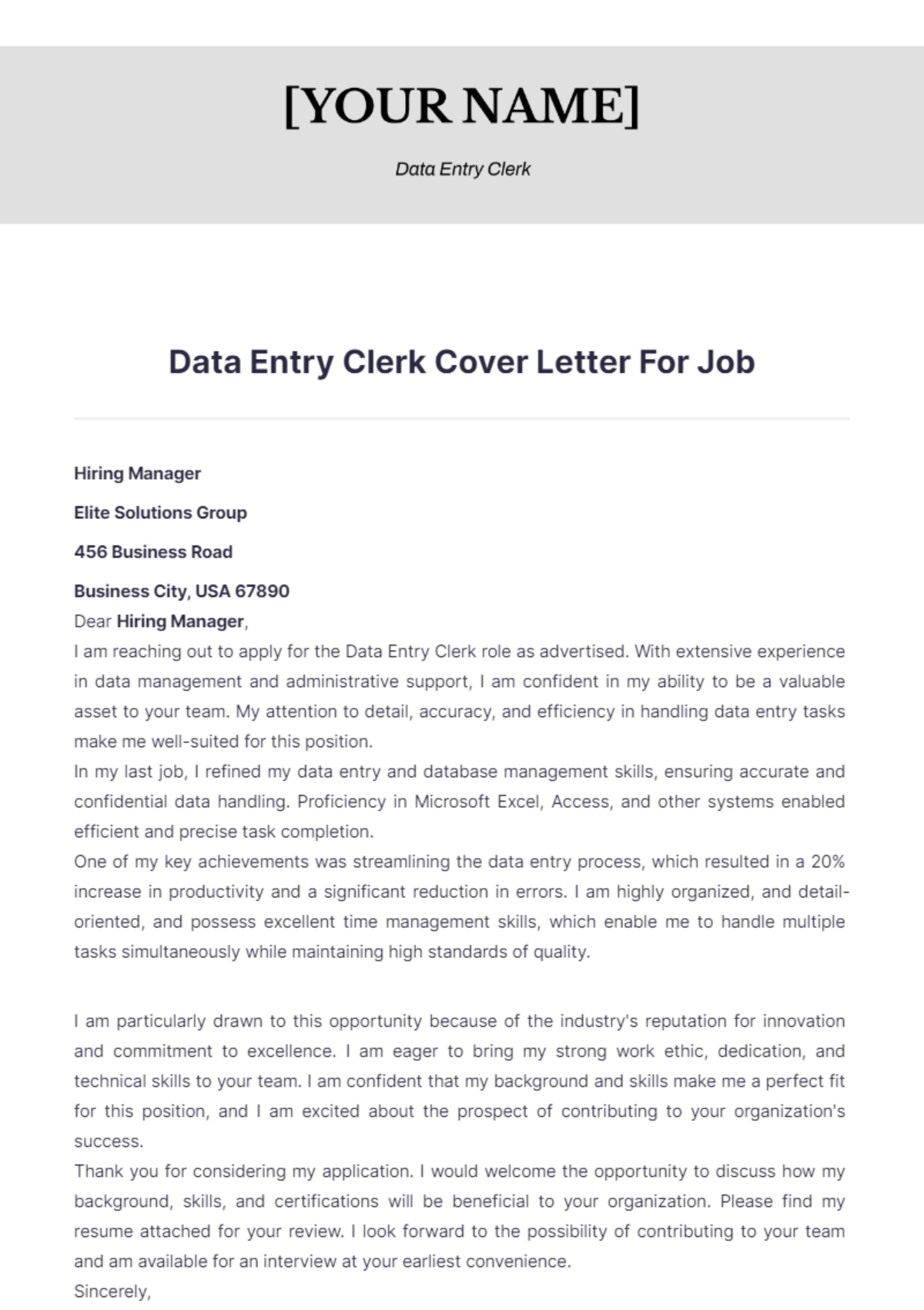 Data Entry Clerk Cover Letter For Job - Edit Online & Download