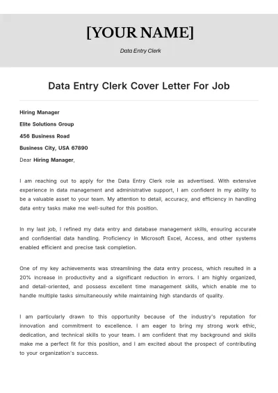 Free Data Entry Clerk Cover Letter For Job to Edit Online
