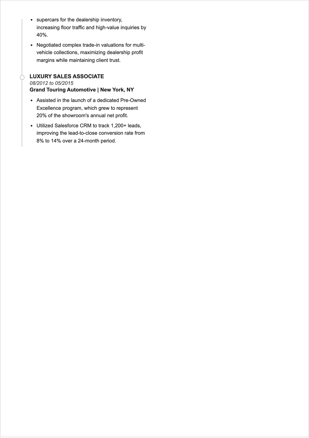 Free Luxury Car Salesman ATS Resume Template, AI Resume Builder