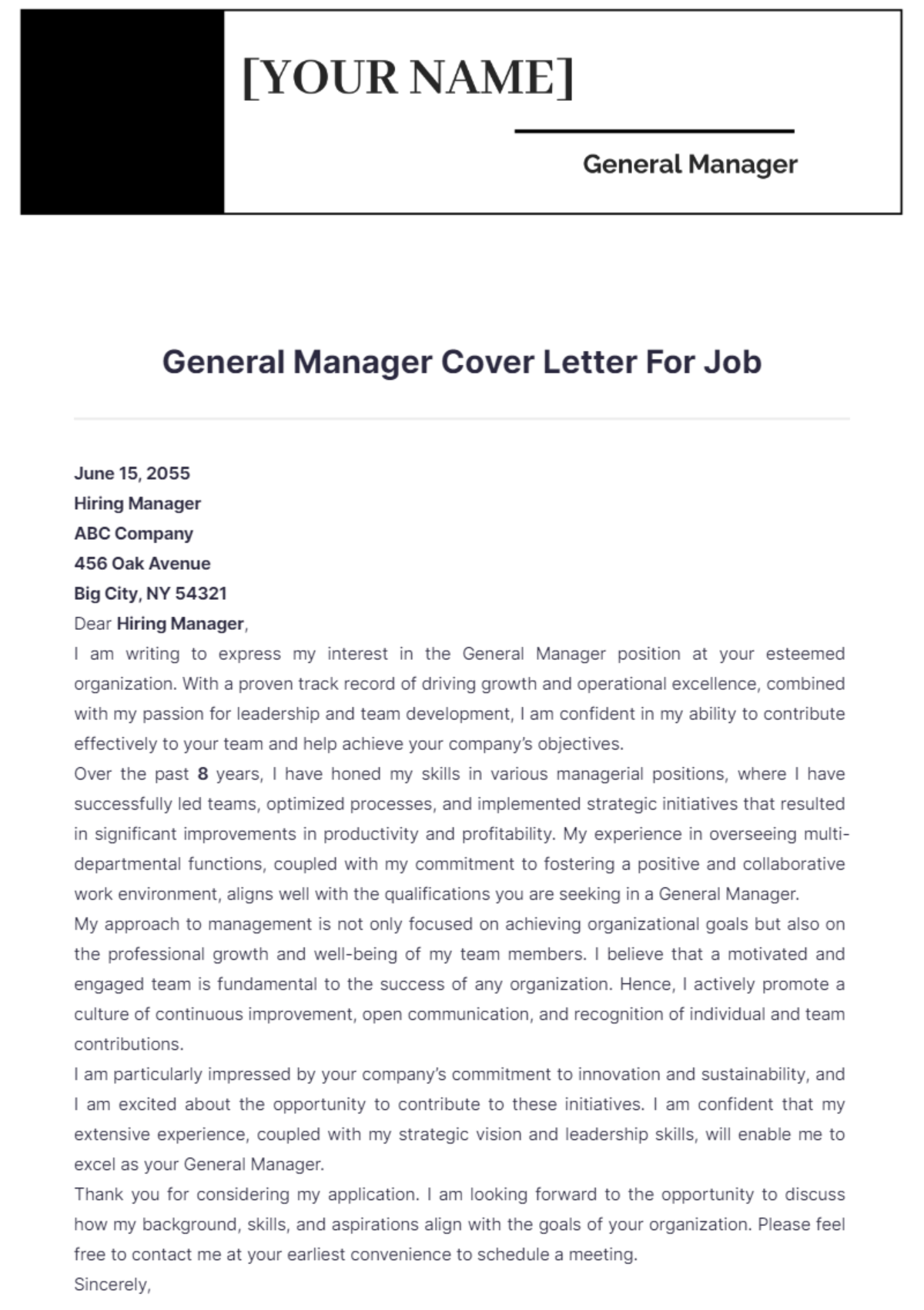 General Manager Cover Letter For Job - Edit Online & Download