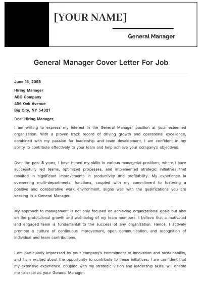 Free General Manager Cover Letter For Job to Edit Online