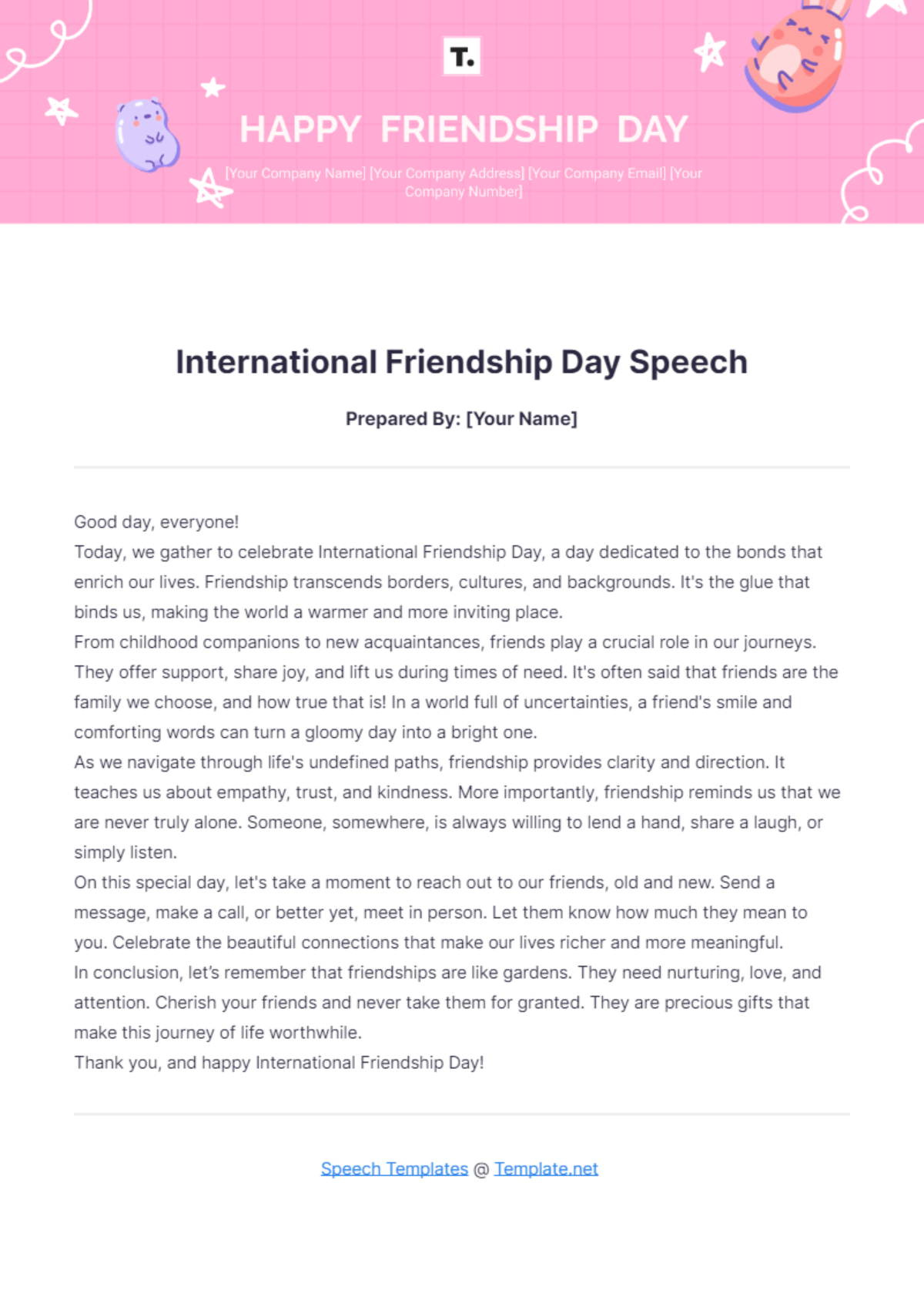 International Friendship Day Speech Template - Edit Online & Download