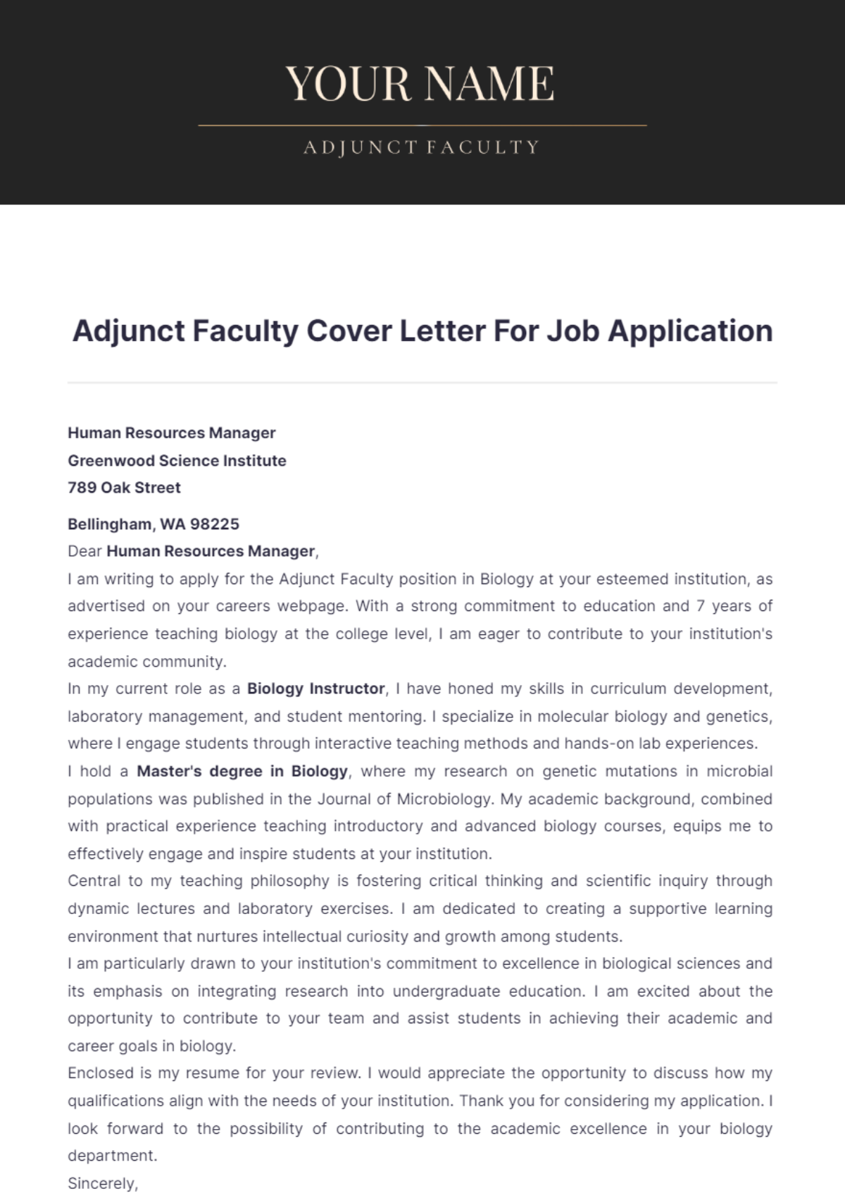 Adjunct Faculty Cover Letter For Job Application - Edit Online & Download