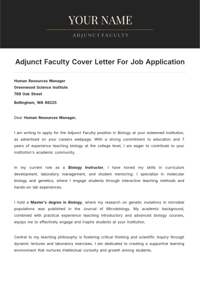 Free Adjunct Faculty Cover Letter For Job Application to Edit Online