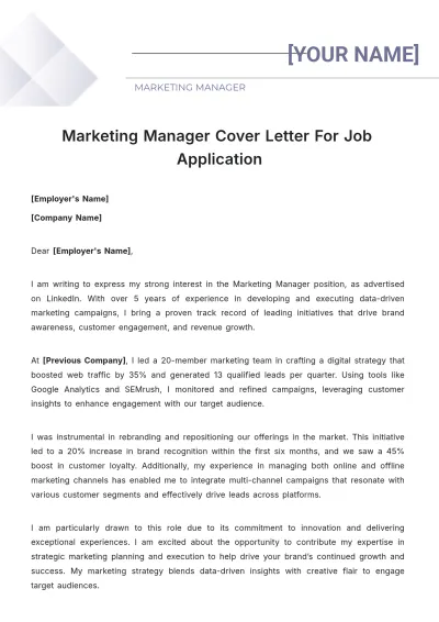 Free Marketing Manager Cover Letter For Job Application to Edit Online