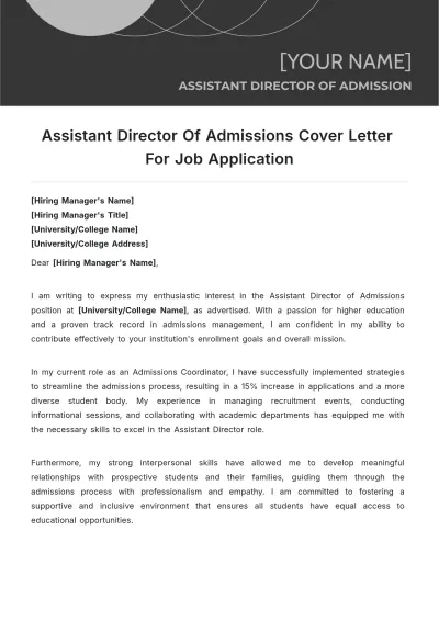 Free Assistant Director Of Admissions Cover Letter For Job Application to Edit Online