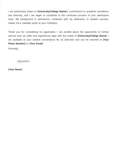 Free Assistant Director Of Admissions Cover Letter For Job Application to Edit Online