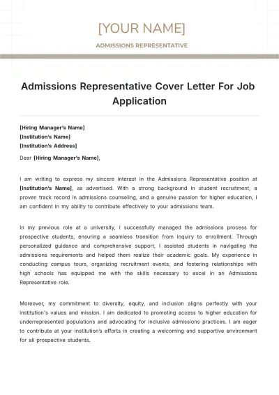 Free Admissions Representative Cover Letter For Job Application to Edit Online