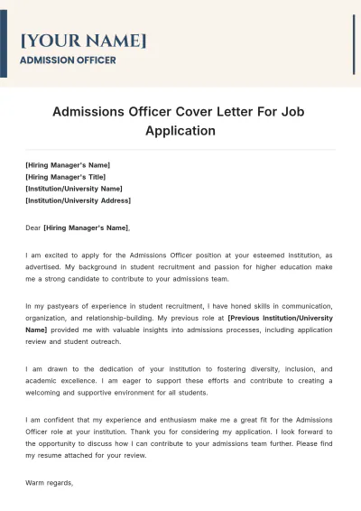 Free Admissions Officer Cover Letter For Job Application to Edit Online