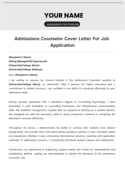 Free Admissions Counselor Cover Letter For Job Application to Edit Online