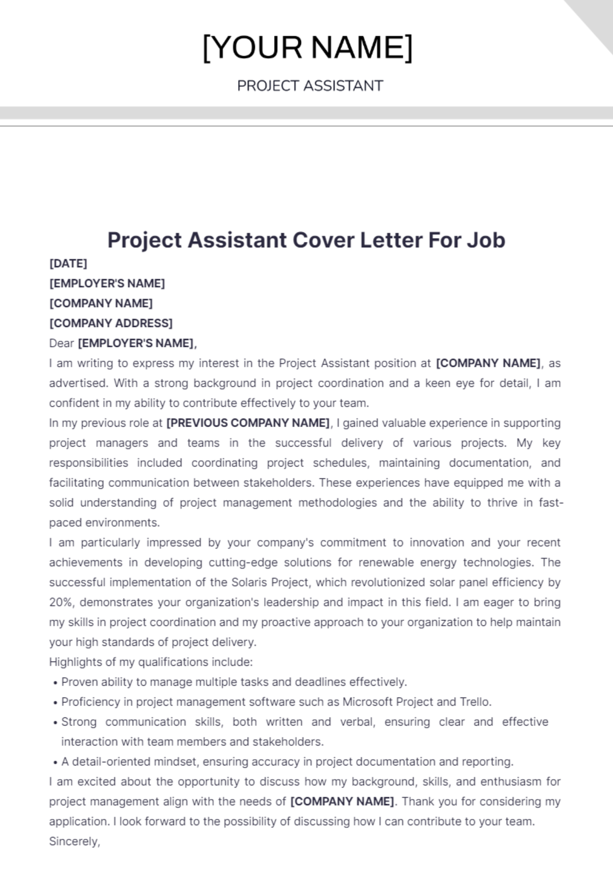 Project Assistant Cover Letter For Job - Edit Online & Download