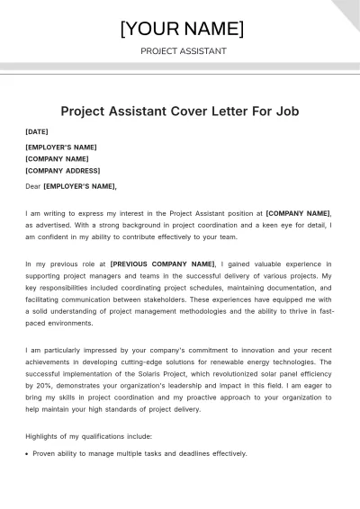 Free Project Assistant Cover Letter For Job to Edit Online