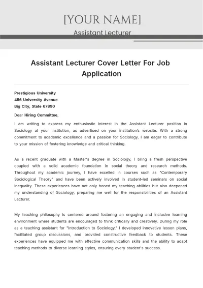 Free Assistant Lecturer Cover Letter For Job Application to Edit Online