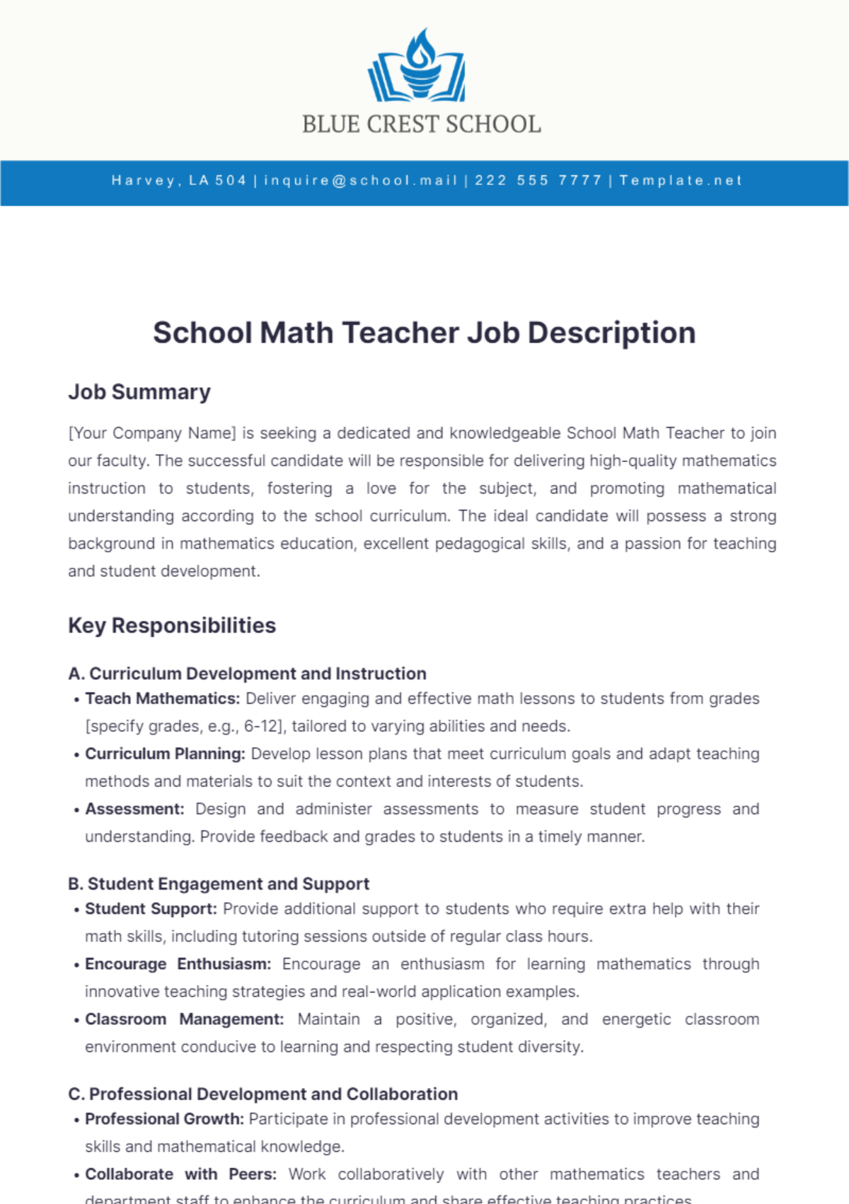 School Math Teacher Job Description Template - Edit Online & Download