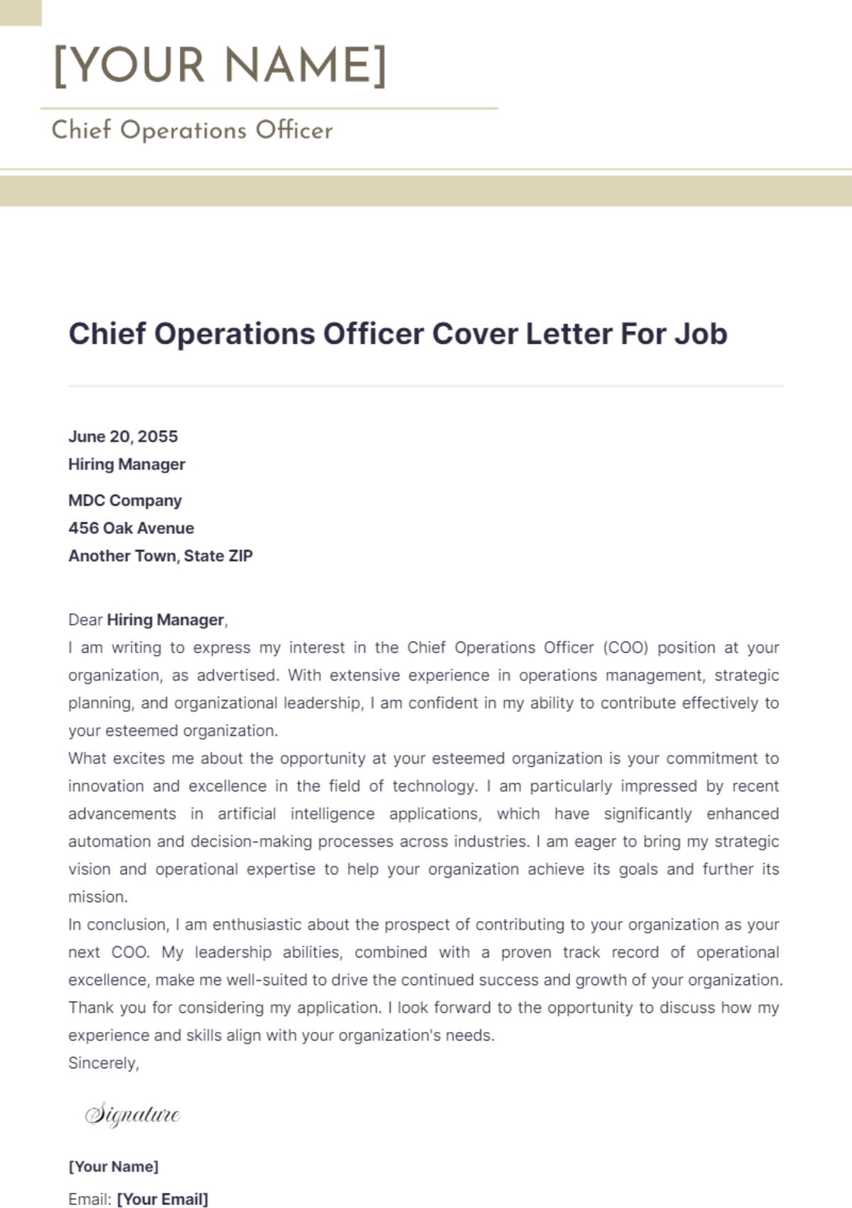 Chief Operations Officer Cover Letter For Job - Edit Online & Download