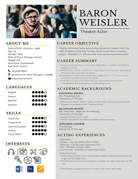 Theatre Resume Template - Word, Apple Pages, PSD