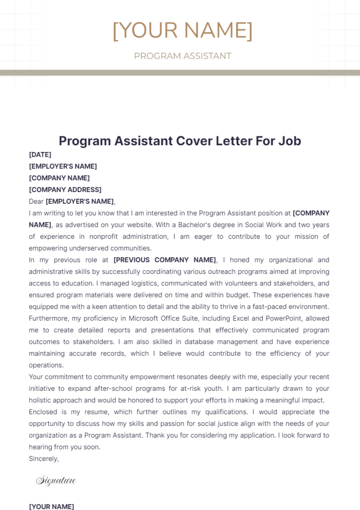 Program Assistant Cover Letter For Job - Edit Online & Download