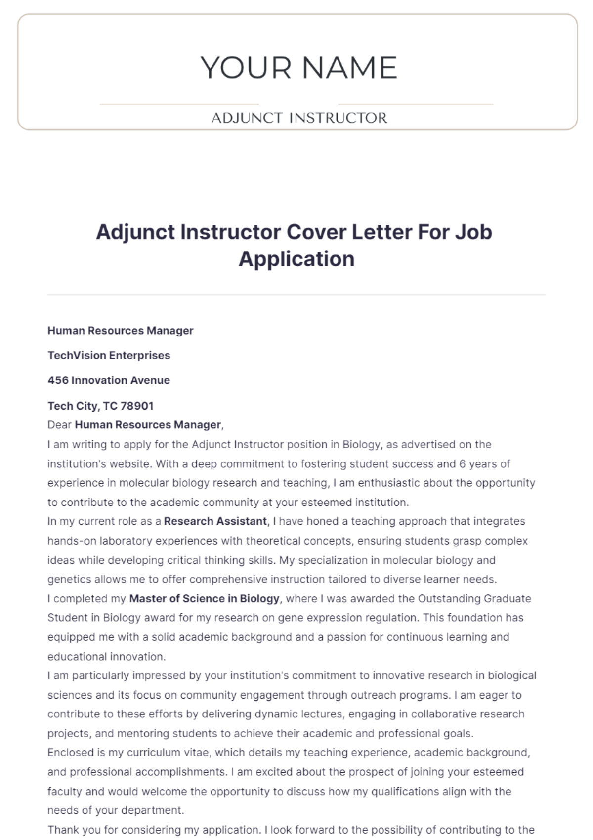 Adjunct Instructor Cover Letter For Job Application - Edit Online & Download