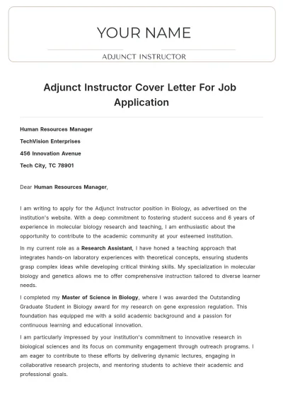 Free Adjunct Instructor Cover Letter For Job Application to Edit Online