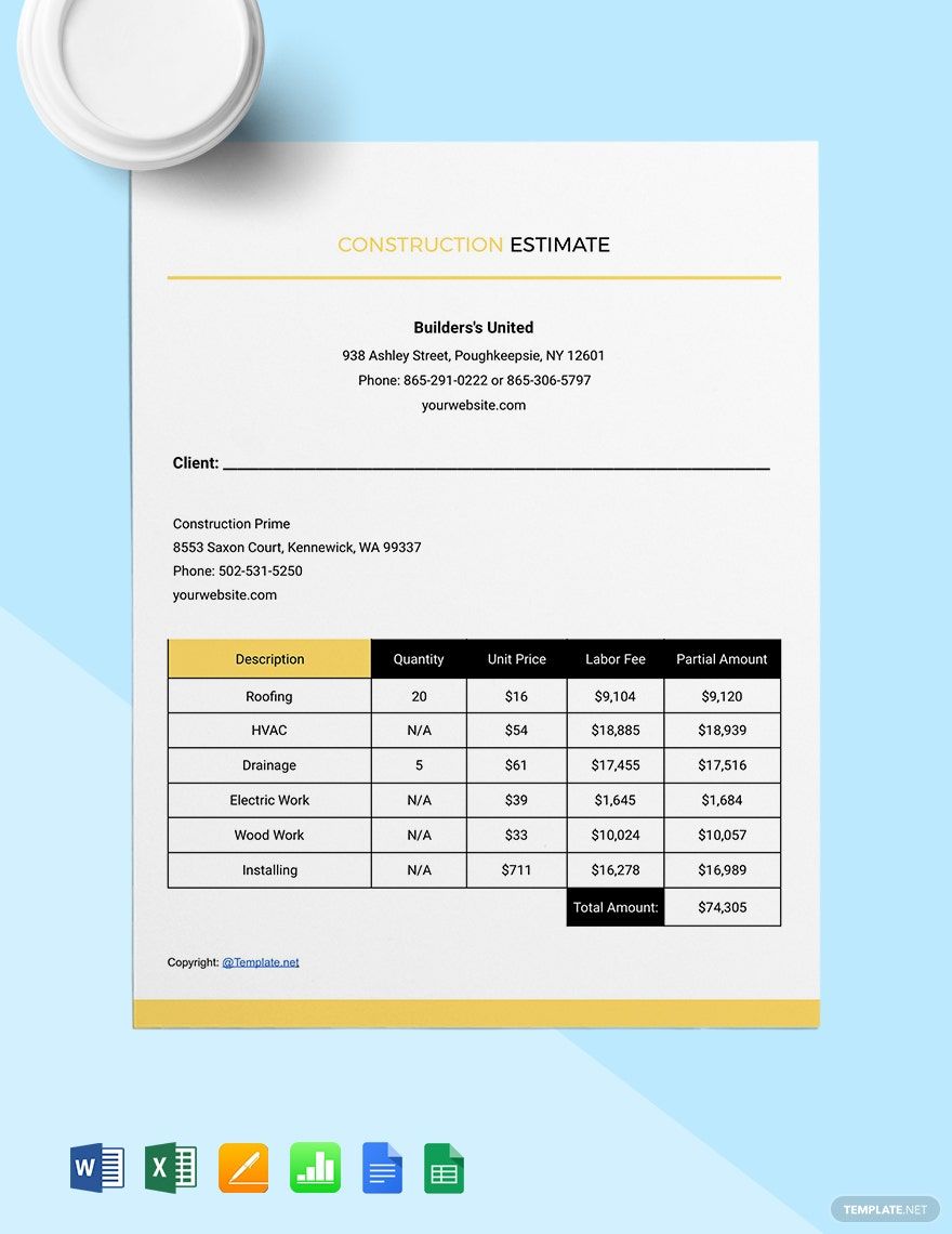 Custom Construction Estimate Template in Word, Google Docs, Excel, Google Sheets, Apple Pages, Apple Numbers