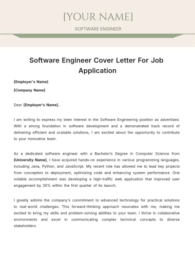 Free Software Engineer Cover Letter For Job Application to Edit Online