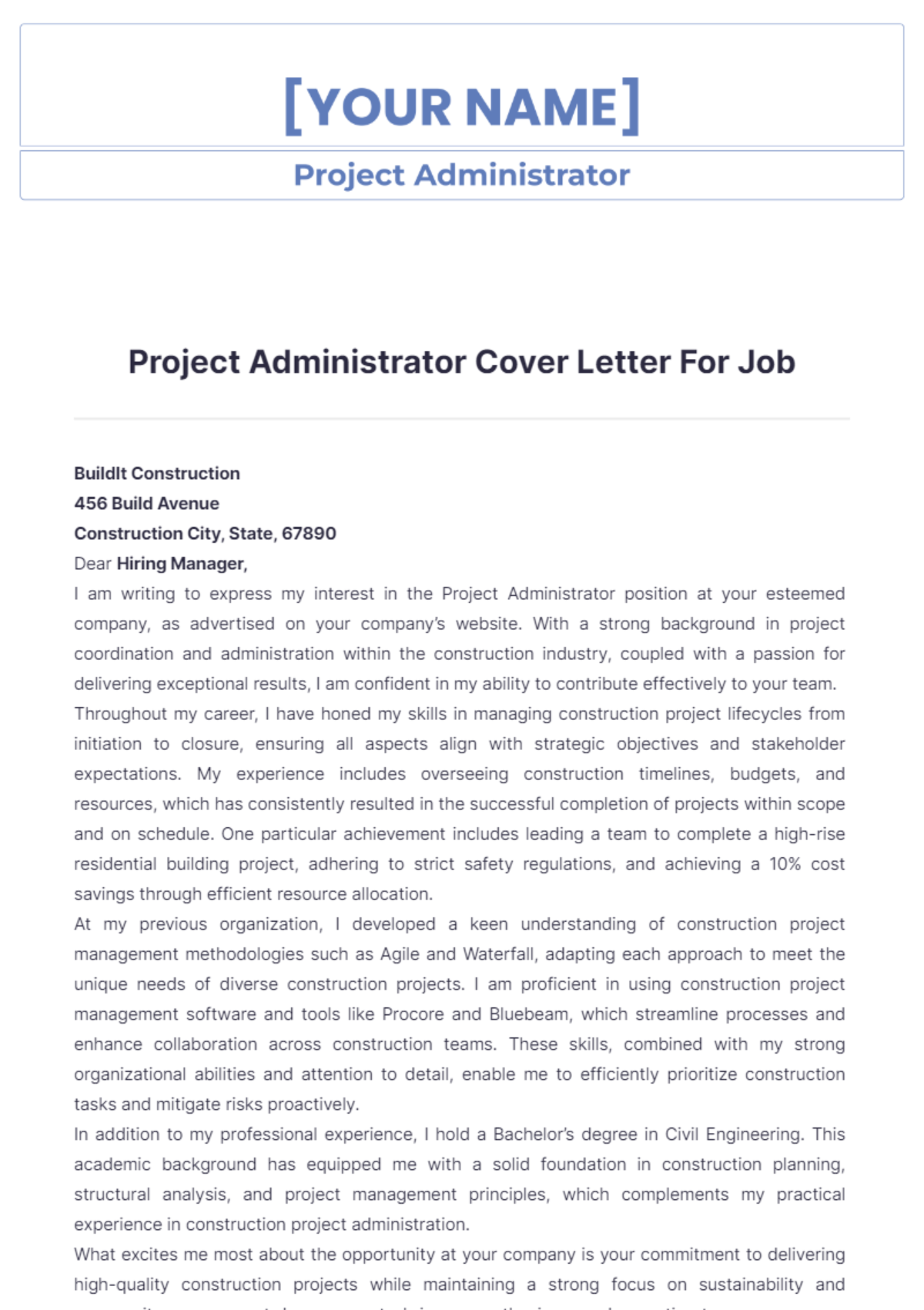 Project Administrator Cover Letter For Job - Edit Online & Download