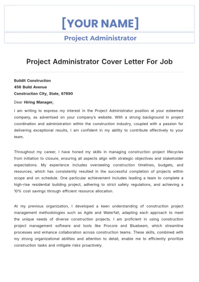 Free Project Administrator Cover Letter For Job to Edit Online
