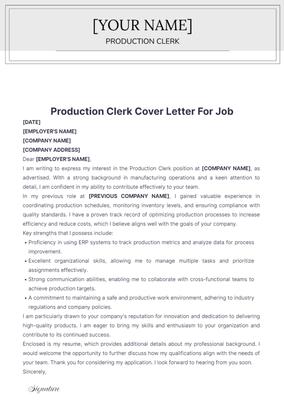 Production Clerk Cover Letter For Job - Edit Online & Download