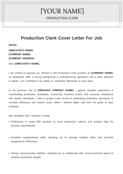 Free Production Clerk Cover Letter For Job to Edit Online