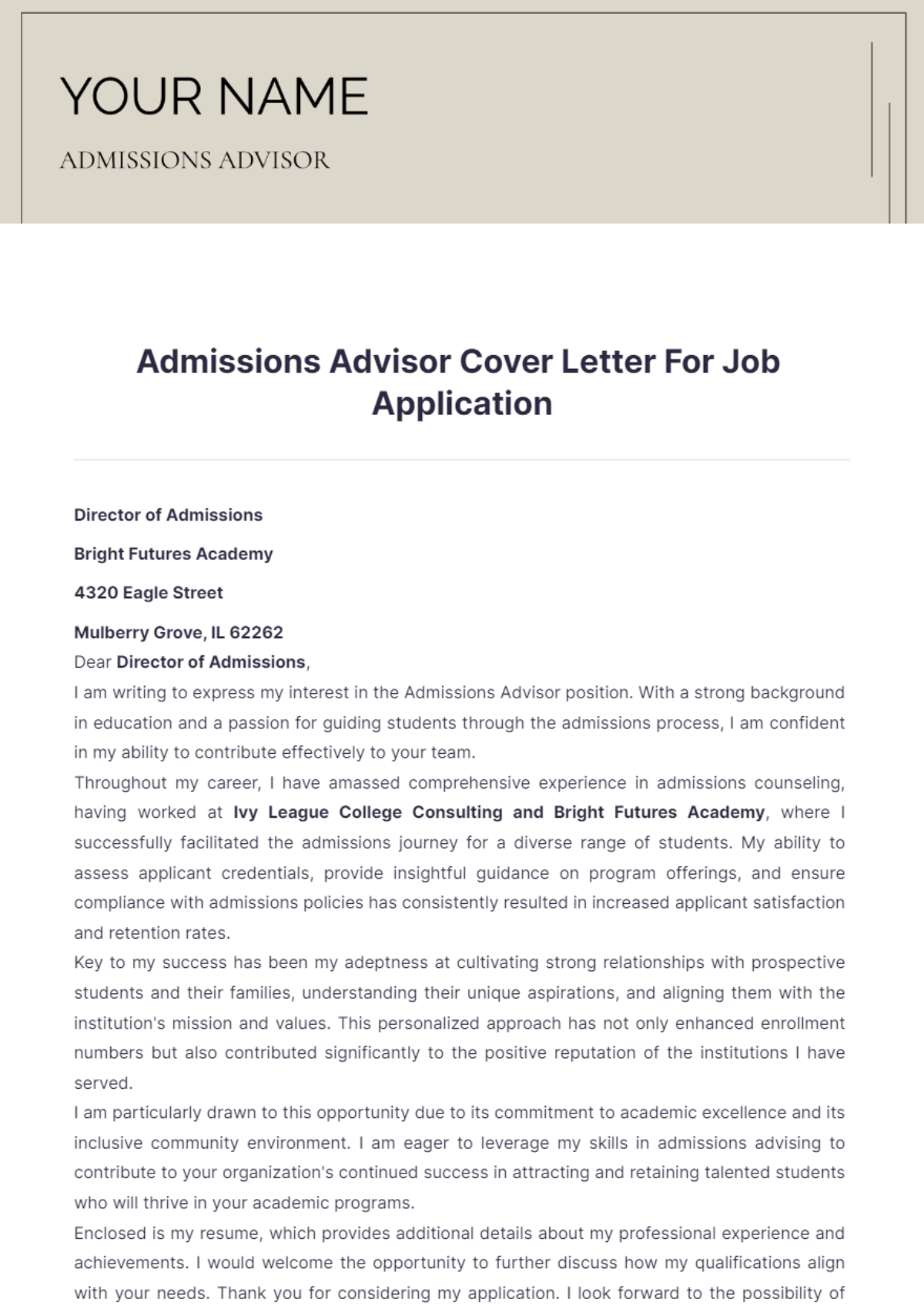 Admissions Advisor Cover Letter For Job Application - Edit Online & Download