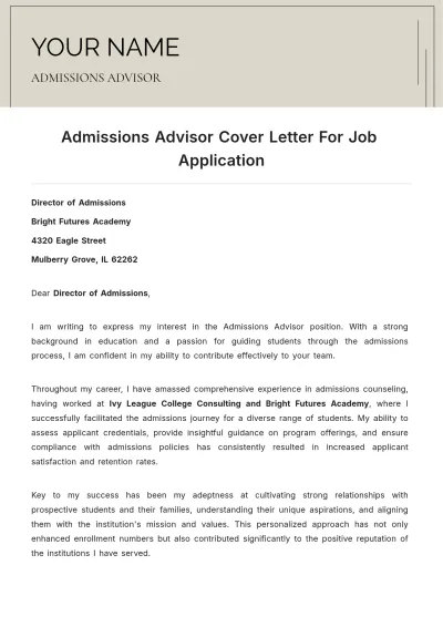 Free Admissions Advisor Cover Letter For Job Application to Edit Online