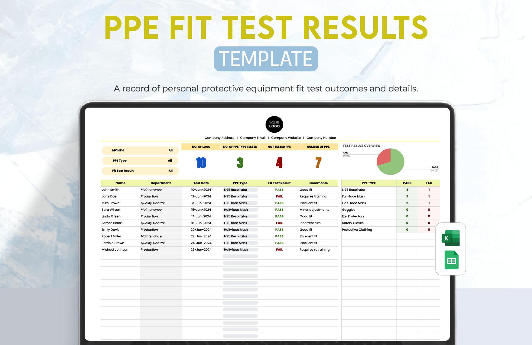 PPE Fit Test Results Template in Excel, Google Sheets