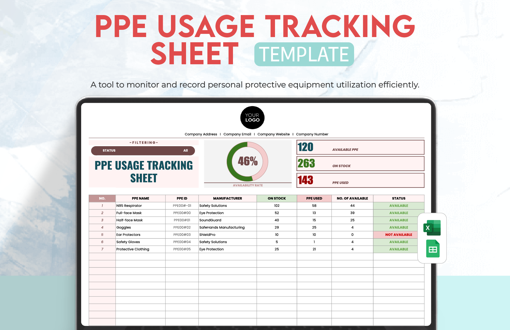 PPE Usage Tracking Sheet Template in Excel, Google Sheets
