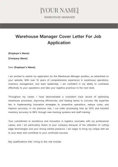 Free Warehouse Manager Cover Letter For Job Application to Edit Online