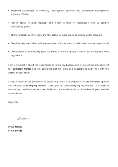 Free Warehouse Manager Cover Letter For Job Application to Edit Online