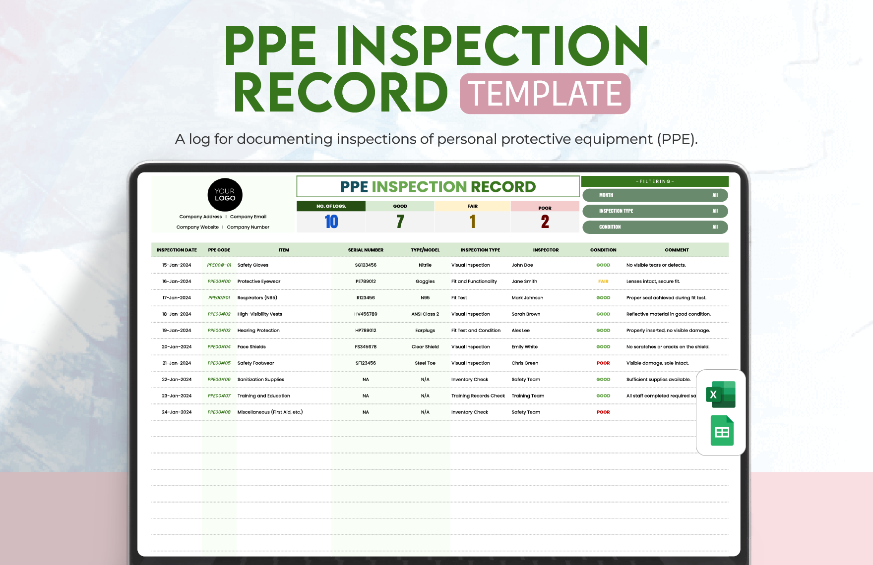 PPE Inspection Record Template in Excel, Google Sheets