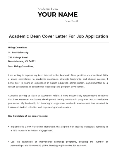Free Academic Dean Cover Letter For Job Application to Edit Online