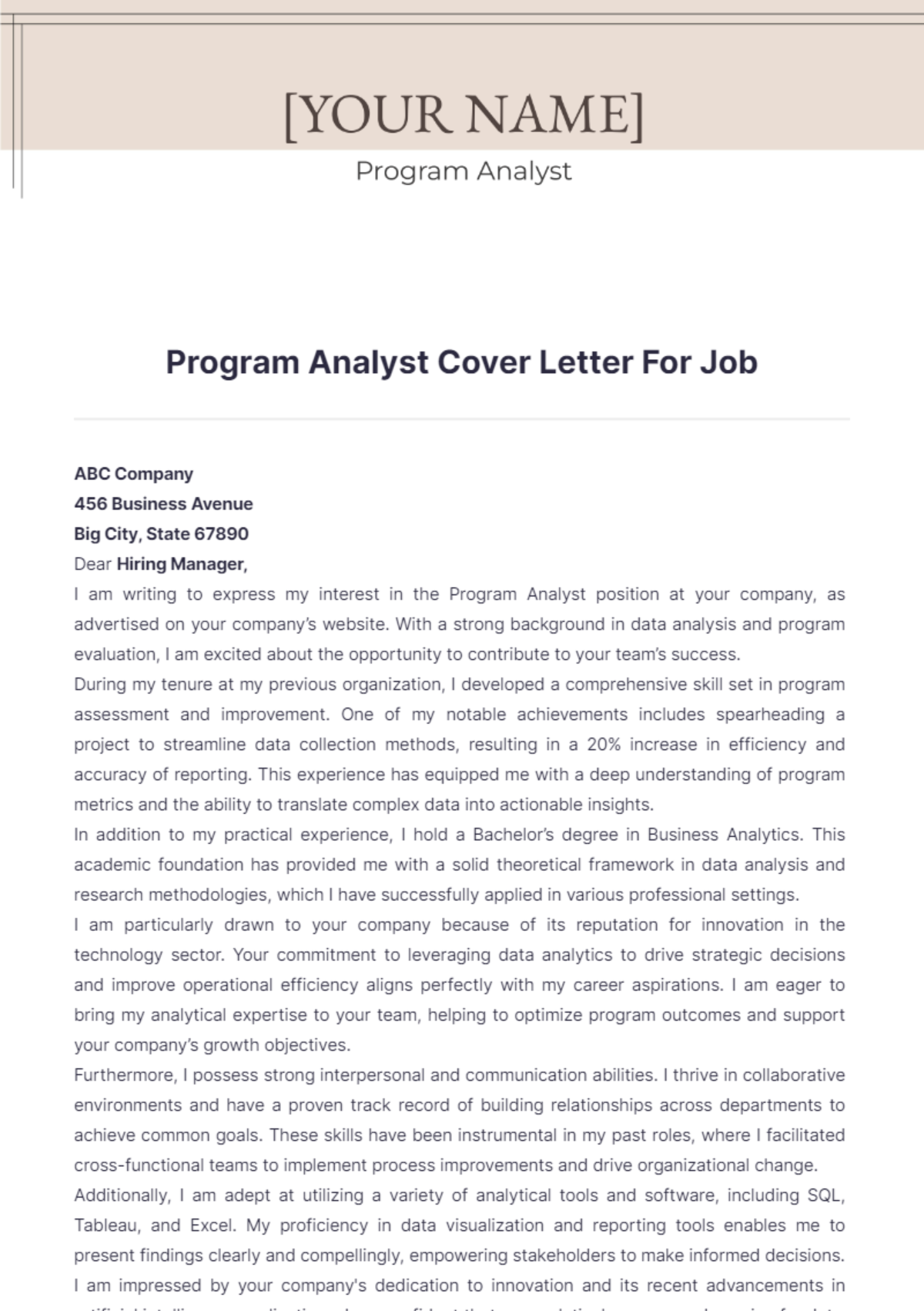 Program Analyst Cover Letter For Job - Edit Online & Download